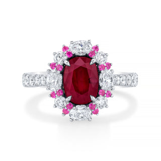 CUSHION RUBY AND DIAMOND RING WITH PINK SAPPHIRES
