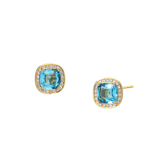 CUSHION CUT BLUE TOPAZ & DIAMOND HALO EARRINGS