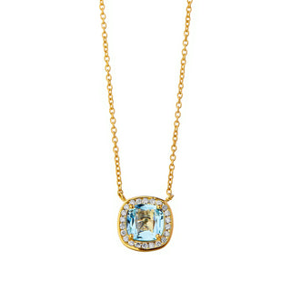 CUSHION CUT BLUE TOPAZ & DIAMOND HALO NECKLACE